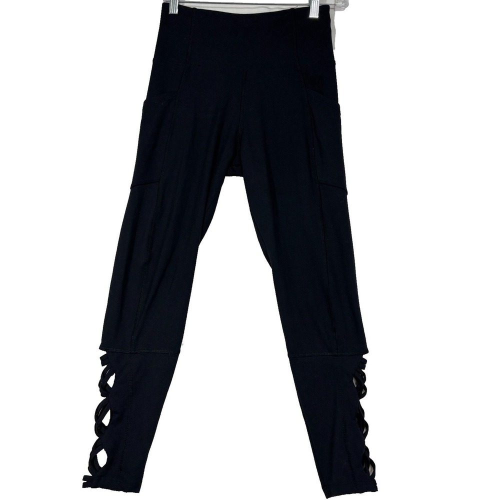 Marika Leggings Black High Waisted Lattice Strappy Ankle Pockets Athletic Yoga S